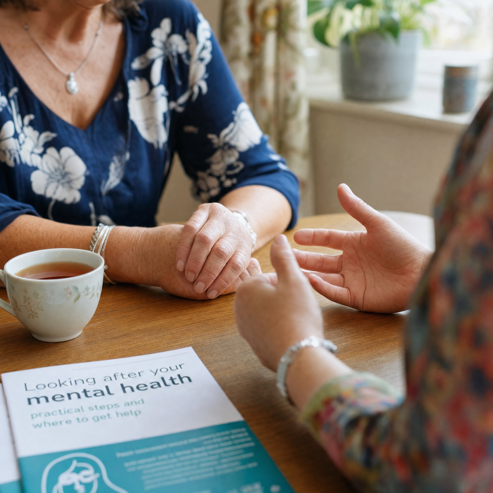 A carer reading paperwork at a kitchen table